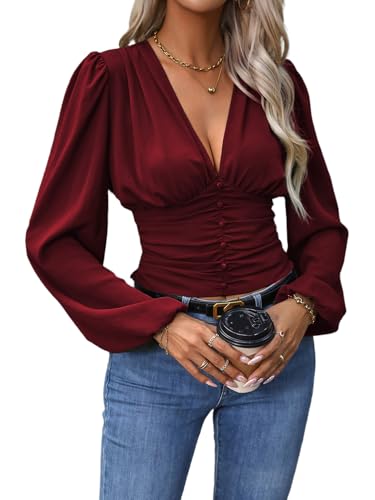 GORGLITTER Women's Ruched Deep V Neck Button Front Smock Lantern Sleeve Crop Top Blouses Burgundy Large