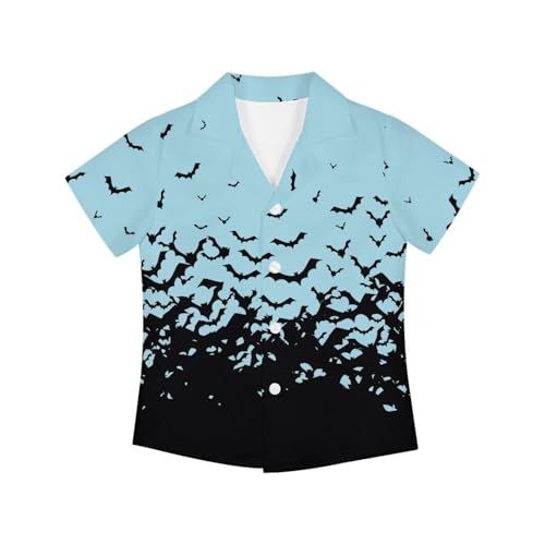 Aqua Black Halloween Bat Print Boys Hawaiian Shirts Short Sleeve Cute Summer Beach Button Down Casual Aloha Shirts for Kids Costume Party