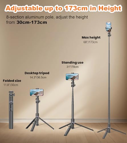 عصا سيلفي ثلاثية القوائم لكاميرا الاكشن الكل في واحد مع جهاز تحكم عن بعد لاسلكي، مع حامل موبايل قابل للدوران 360°، حامل أحادي القوائم محمول متوافق مع آيفون/أندرويد من تونوف، بطول 1.73 م