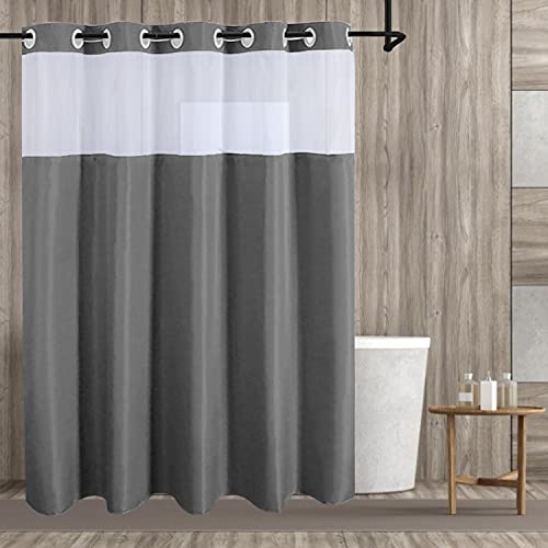 KAMSPARK No Hooks Needed Grey Fabric Shower Curtain with Snap in Liner - Mesh Top Window Hotel Grade Waterproof & Washable Shower Curtains for Bathroom 71