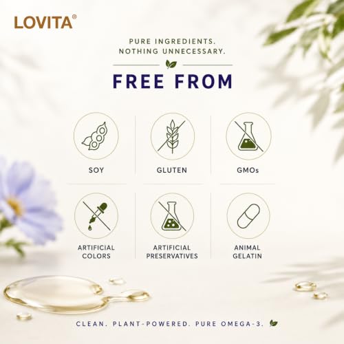 Image of LOVITA Vegan Flaxseed Oil 1500mg, 900mg ALA, 180 Softgels | Cold-Pressed Omega 3-6-9, Plant-Based, Fish-Free, No Fishy Burps, cGMP Made in USA, 90 Servings