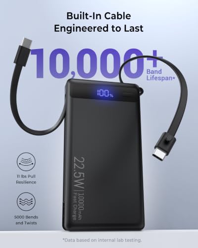 0.5" Ultra Slim Portable Charger 10000mAh Built-in Dual USB C Cable, Black - image 6