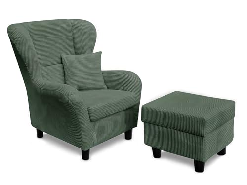 lifestyle4living - Moderner Ohrensessel mit Hocker – Große Auswahl an Stoffen und Farben - Gemütlicher Designer-Sessel im eleganten Landhaus-Stil, Cordgrün