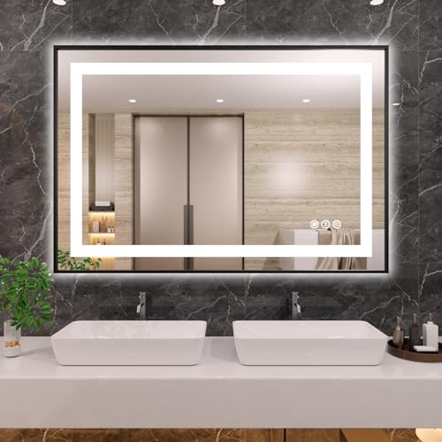 Amorho 44"X36" LED Bathroom Mirror with Black Frame Front Light and Backlit Stepless Dimmable Anti-Fog Shatter-Proof Memory 3 Colors Double LED Vanity Mirror