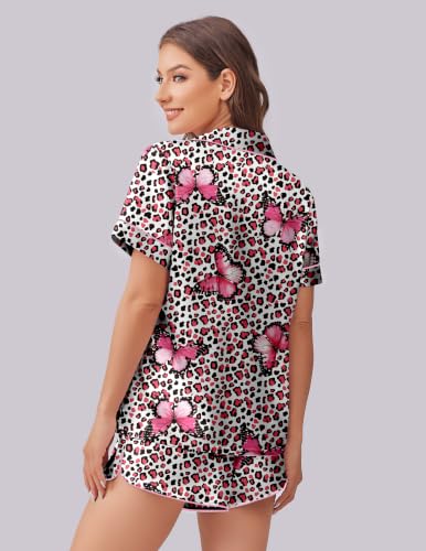 Image of Ekouaer Womens Silk Satin Pajama Set Print Short Sleeve Sleepwear Button Down Pjs Shorts Set Loungewear