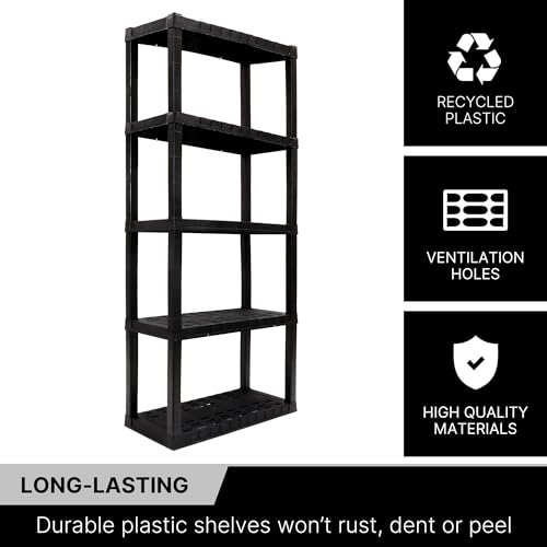 Koolatron Oskar Heavy Duty Plastic Storage Shelves- for Garage, Kitchen, Bathroom Basement, Kids Room, Toys,Stackable 5-Tier Black, Organizer Rack for Books Shoes, Pantry, Cleaning, Made in Canada by Koolatron - Image 6