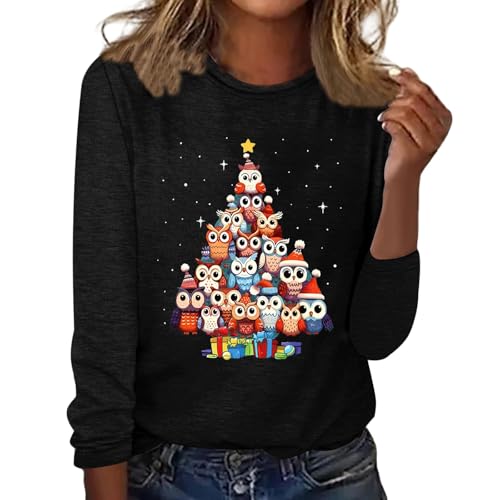 Image of Christmas Jumpers for Women UK Ladies Owl Christmas Tree Print Casual Fashion Loose Fun Long Sleeve Crew Neck Top Striped Tee Tshirt Black