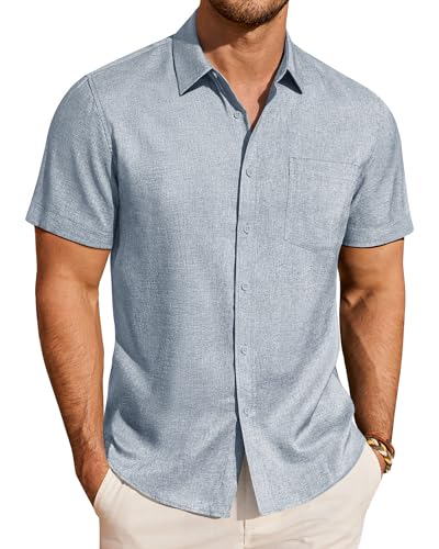 J.VER Button Down Shirt Men Linen Textured Short Sleeve Collared Shirts Casual Summer Vacation Beach Attire Dusty Blue Large