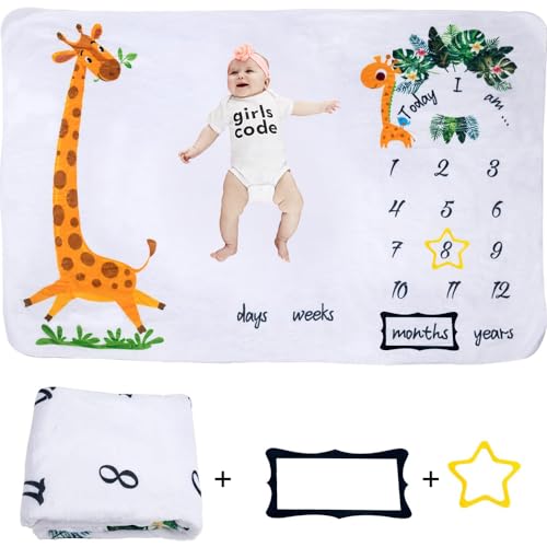 Image of Newborn Milestone Blanket for Photograph Blankets - 60"x40" Giraffes Blanket for Baby Girl Shower Gifts - First Year Calendar Growth Chart, Monthly Baby Milestone Blanket.