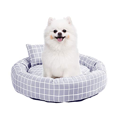 Joyreap Round Donut Dog Cat Bed Gray Grid, Pet Bed Cuddler Cushion - Washable, Non-Slip Waterproof Bottom (45cm/18)