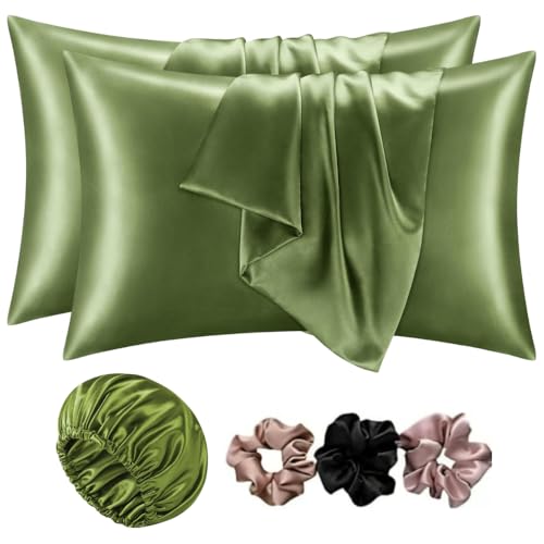 Image of Go Well Bonnet for Curly Hair with Free Satin Pillow Covers and Scrunchies | Silk Bonnet for Hair | Combo of Pack of 2 Satin Pillowcases with 3 Silk Scrunchies Adjustable HairCap (Sage)