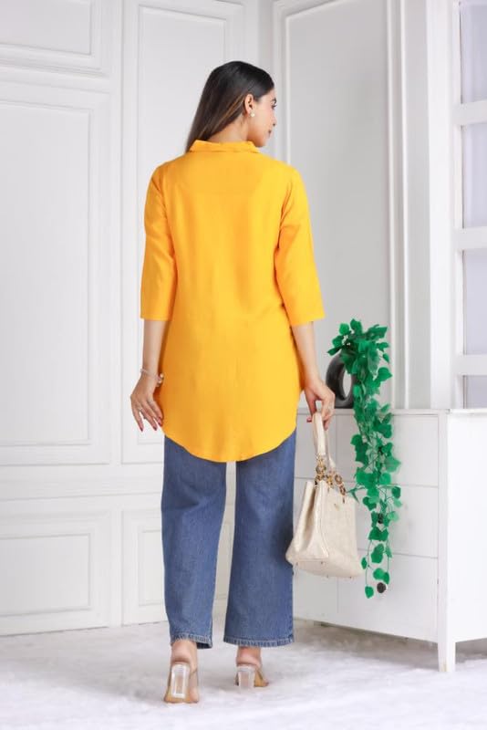 Image of Mlada Rayon Flare Top for Women | 3 /4th Sleeve Regular Fit and Flare Top | Women Office Tops Tunic | Western Long Shirt Top for Women | Shirt Collar Top for Women | Rayon Tunic Tops for Women Western