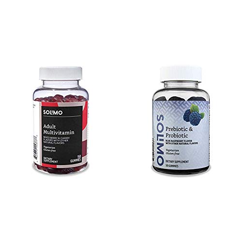 Amazon Brand - Solimo Adult Multivitamin, 150 Gummies, 75-Day Supply & Solimo Prebiotic & Probiotic 2 Billion CFU, 50 Gummies (2 Gummies per Serving)