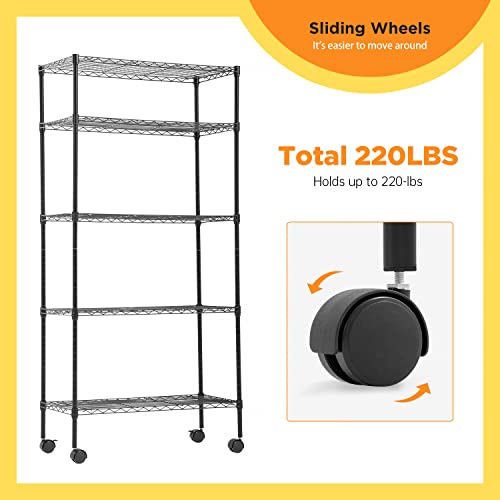 Bestoffice 14"X30"X60" Storage Shelves Heavy Duty Shelving 5 Tier Layer Wire Shelving Unit With Wheels Metal Wire Shelf Standing Garage Shelves Storage Rack ,Adjustable Nsf Certified(Black) #TOP2