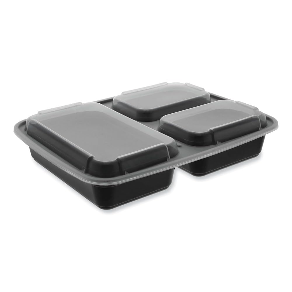 32 oz Microwaveable 3 Compartment Black Rectangular Container Lid Combo 150 CT