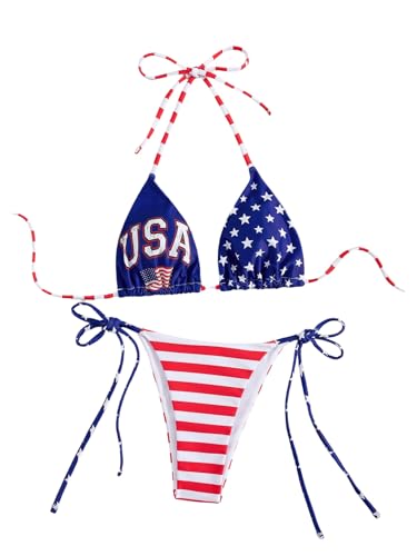 SweatyRocks Women's 2 Piece American Flag Halter Bikini Sets Letter Graphic Bathing Suit Swimwear