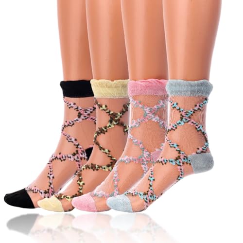 Floral See Through Socks Thin Lace Sheer Socks Cool Mesh Ankle Socks Tulle Colorful Socks for Women 4 Pairs