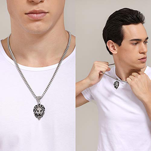 Lion Necklace 18K Gold Stainless Steel Head Pendant Necklace Mens Hip Hop Rapper With 6MM Miami Stainless Steel Cuban Link Chain 24inches