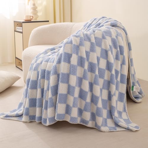TrellisJoy Checkered Sky Blue Blanket Soft Cozy Lightweight Bed Throw Machine Washable Small Size Throw Blanket Blue 40 x 50