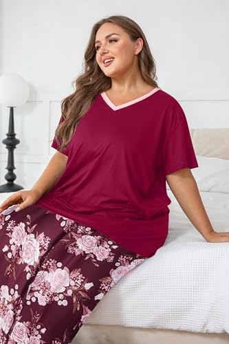 Image of Vozanet Women's Pajama Sets Short Sleeve with Long Pant Soft Sleepwear Printed pj Loungewear With TWO Pockets Size 1X to 5X