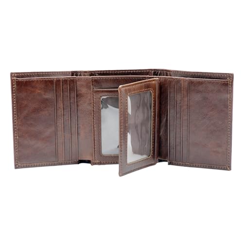 Mens Genuine Leather Wallet,Large Capacity Trifold Wallet for Men with 3 ID Window (BROWN)