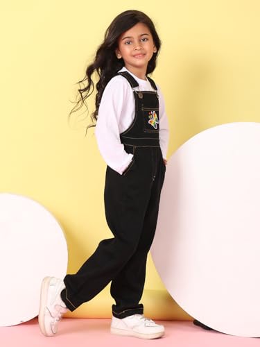 Image of superminis Girls Twill Dungaree with Full Sleeve T-Shirt Set Casual For Kids