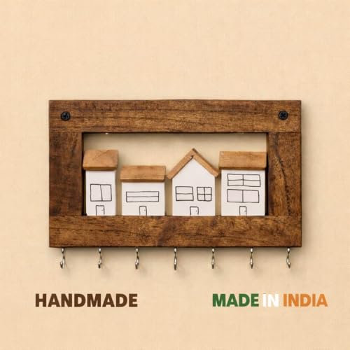 Image of 'Village' Hand Painted Wooden Key Holder for Home Stylish Decor(7hooks) Real Wood. Key Hangers for wall Key Holder Stand Key Stand for wall Keychain Holder for wall