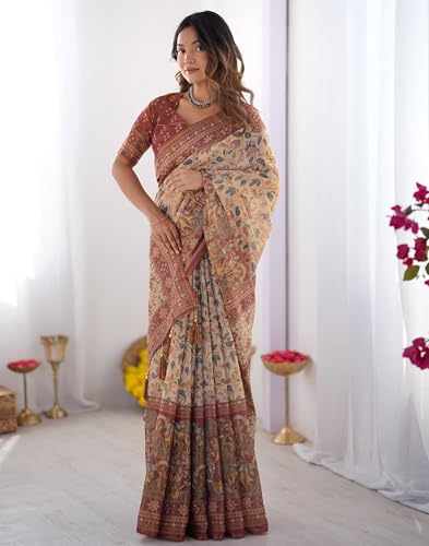 Image of SIRIL Women's Cotton Linen Kalamkari Printed Handloom Saree with Unstitched Blouse Piece
