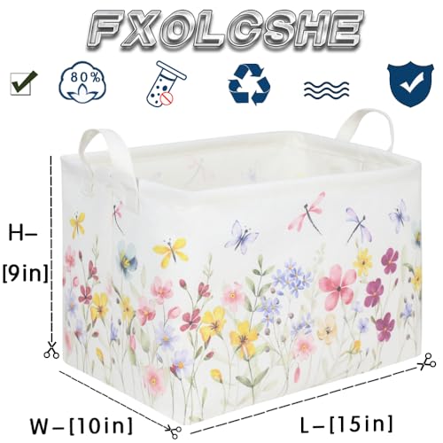 Image of Boho Flower Nursery Basket,Waterproof collapsible storage box,Fall Wildflower Floral Dandelion Storage Bin,Plant Butterfly baby girl gift basket,Girls Bedroom Boho Flower Decor(Dandelion)