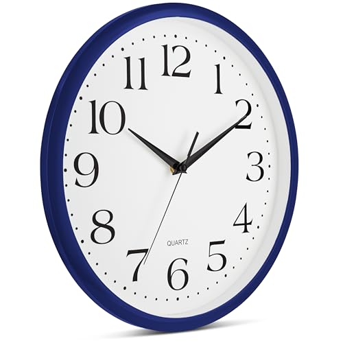 Image of Bernhard Products Navy Wall Clock Silent Non Ticking - 12 Inch Quality Quartz Battery Operated Round Easy to Read Home /Kitchen /Office /Classroom /School Clock