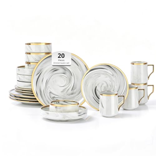 HomeVss 20 Piece Plates and Bowls Sets, Fine China Artisan Marbled Dinner Set for 4, Dishwasher Safe, Scratch Resistant, Grey with Gold Line - image 1