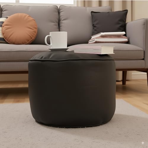 Image of Premium Faux Leather Footstool /Footrest /Pouffe | EPS Beans Filled | Ready to Use | Soft Cushioned Ottoman | Durable Leatherette Finish | Living Room, Bedroom & Office Color- (Black)