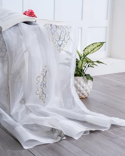 Image of (9 Ft Sheer Tissue with Embroidery Damas Design | Grommet Curtains Window Long Curtain | Window Curtain (Golden & Grey) | for Home | (Pack of 4) | 274 L X 121 W Centimeters