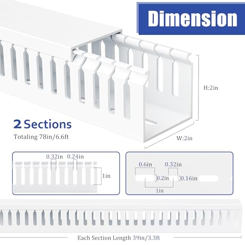Image of ZhiYo 2 inch H x 2 inch W Cable Raceway, Under Desk Wire Management Channel White | Slotted Wire Duct, 2 Pack(3.3ft Each), Heavy-Duty PVC Cable Management for Server Racks, Network Cables & Electrical Cabinets