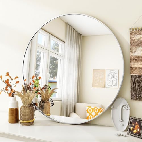 Image of Round Wall Mirror with Durable Wooden Frame - 24 inch (Grey) | Modern Decorative Wall Hanging Mirror for Bathroom, Bedroom, Basin, Dressing Table, Entryway & Home Interior Decor