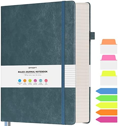 OFFIGIFT Lined Journal Notebook, Large A5 Hardcover Leather Journal, 312 Numbered Pages Work Notebook, 100gsm No Bleed Paper, College Ruled Notebook for Women Men School Office, Green