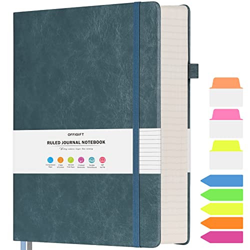 College Ruled Notebook, Large B5 Lined Journal Notebook, 314 Numbered Pages Work Notebook with Index Stickers, 100gsm Paper, Hardcover Vegan Leather Journal for Women Men School Office, Grey Blue