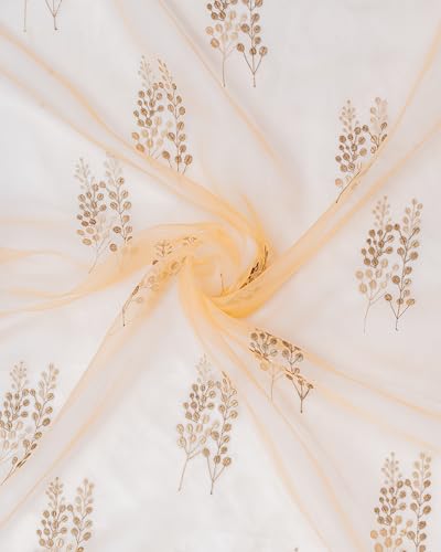 Image of (7 ft Tissue Embroidered Curtain | Leaf Design Eyelet Window Curtain | Vintage Classical Floral Print | for Home | Beige & Grey (Pack of 2) | 213 L x 121 W Centimeters