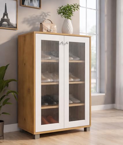 Image of LERIMO 2-Door Engineered Wood Shoe Rack, 4-Tier Wooden Shoe Rack for Entryway, Shoe Storage Cabinet with Doors Adjustable Shelves, Wooden Shoes Rack Organizer (Wotan Oak and White, 2 Door)