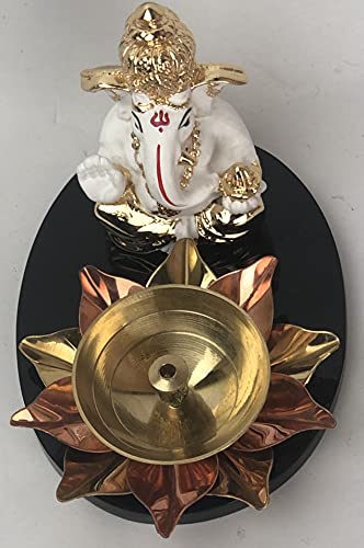 Image of Lord Ganesh Idol Figurine with Diya Polyresin Ganesha Murti for Ganesh Chaturthi Puja Ganesh Murti for Office Table Top Home Decor Gifting & Puja Decoration