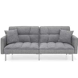 Best Choice Products Convertible Linen Fabric Tufted Split-Back Plush Futon Sofa Furniture for Living Room, Apartment, Bonus Room, Overnight Guests w/ 2 Pillows, Wood Frame, Metal Legs – Dark Gray