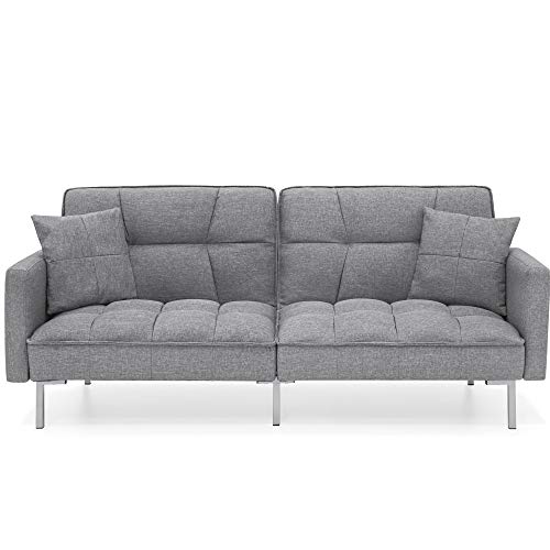 Best Choice Products Convertible Linen Fabric Tufted Split-Back Plush Futon Sofa Furniture for Living Room, Apartment, Bonus Room, Overnight Guests w/ 2 Pillows, Wood Frame, Metal Legs – Dark Gray
