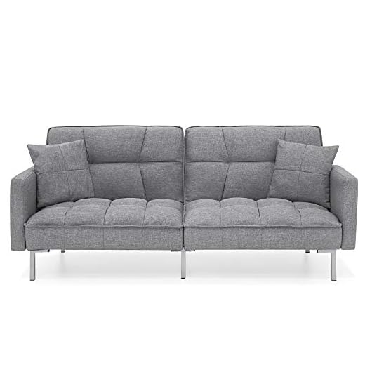 Best Choice Products Convertible Linen Fabric Tufted Split-Back Plush Futon Sofa Furniture for Living Room, Apartment, Bonus Room, Overnight Guests w/ 2 Pillows, Wood Frame, Metal Legs - Dark Gray