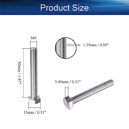 Image of Bettomshin 10Pcs M8 x 55mm Hex Bolts, 304 Stainless Steel 1.25mm Thread Pitch Fully Threaded Metric Hex Head Screw Bolts, Hexagon Screw Bolt, Hex Tap Bolts, Silver (Overall Size 60.45x13x13mm)