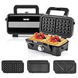 RELAX4LIFE Gaufrier 1000W-Croque Monsieur 3 en 1 avec 2 Frire&2 Griller&2 Gaufres&Poignée ...