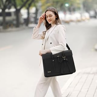 MOSISO Laptop Bag for Women, 15-15.6 inch PU Leather Laptop Shoulder Bags Convertible Backpack, 16 inch Messenger Bags Casual Handbag Work Briefcase Travel Computer Bag with Bowknot, Black