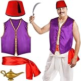 Matiniy 4 Pcs Halloween Arabian Prince Costume Set for Men Include Purple Vest Fez Felt Hat Red Sash Magic Genie Lamp for Cosplay Party Dress up
