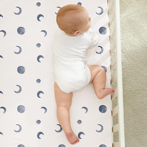 Image of Bearmoss Muslin Mini Crib Sheets for Pack N Play Mattress - 100% Cotton - 38 inchx26 inch Soft Breathable Playard Baby Crib Sheets Neutral for Boys Girls - 2 Pack (Blue Crescent)