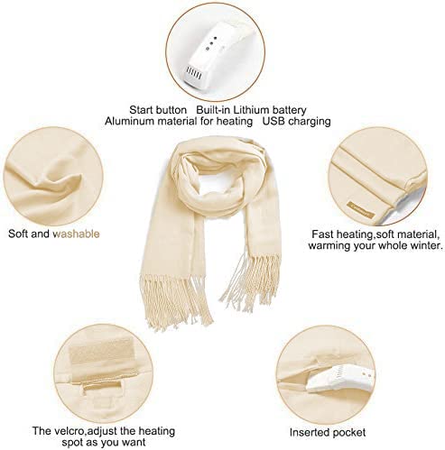 Eonthry USB Rechargeable Heated Scarf Electric Heating Shawl Soft Warm Neck for Women (Cream)