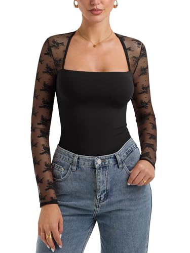 PINKMSTYLE Women Sexy Square Neck Lace Long Sleeve Tops Slim Fit Double Lined Trendy Y2K Going Out Fall Shirts